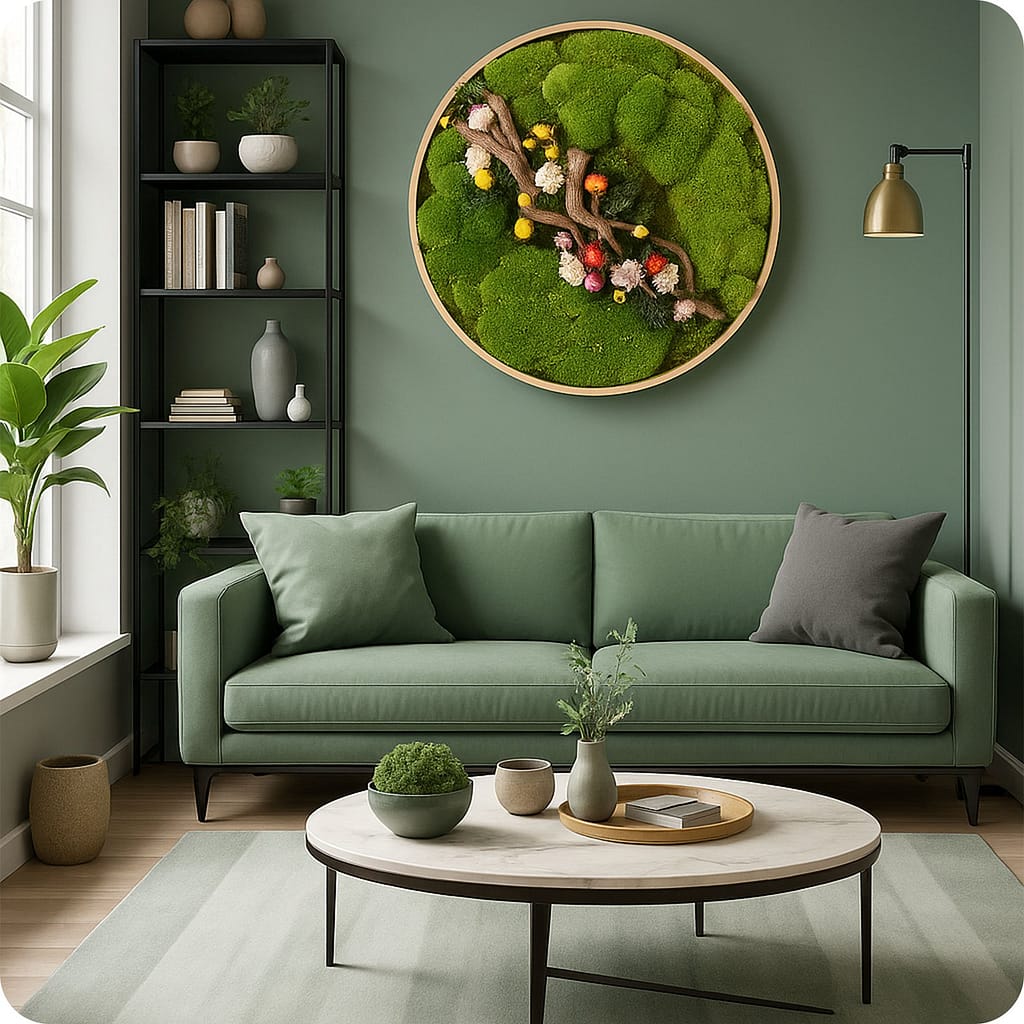 Nityavan preserved moss artwork styled in luxury modern living room.
