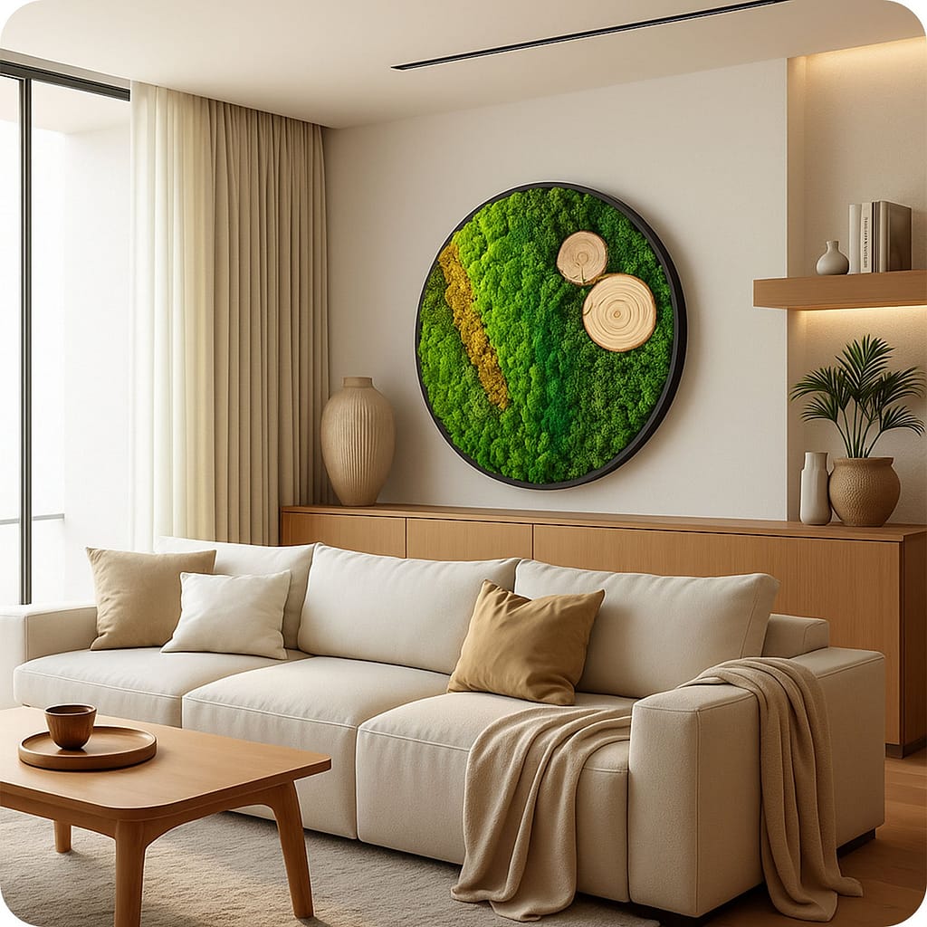 Nityavan moss frame styled with neutral, modern furniture.