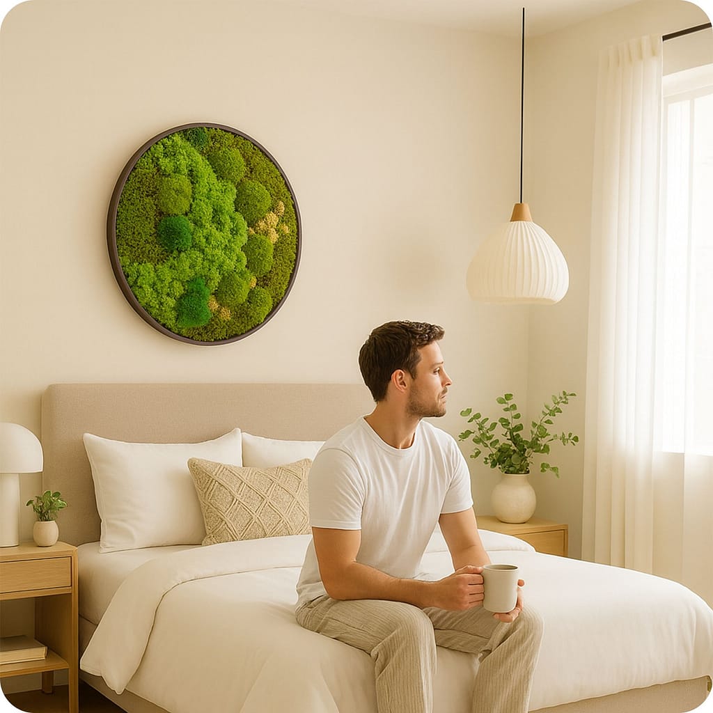 Preserved moss artwork styled above headboard in bedroom.