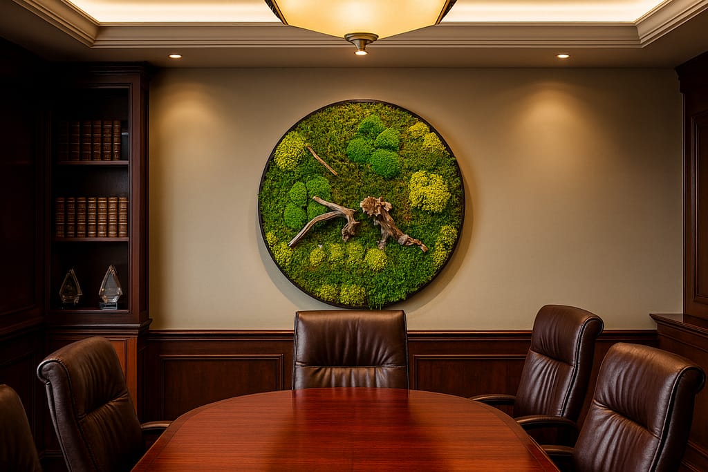 Nityavan moss frame styled in home entryway with warm lighting.