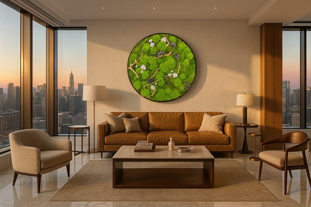 Biophilic interior with preserved moss artwork by Nityavan.