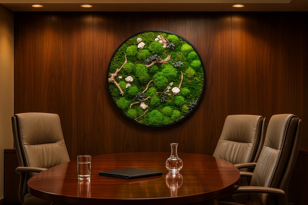 Nityavan moss artwork styled in office for focus and calm.