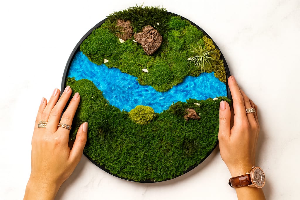 Close-up of Nityavan preserved moss art showing natural texture.