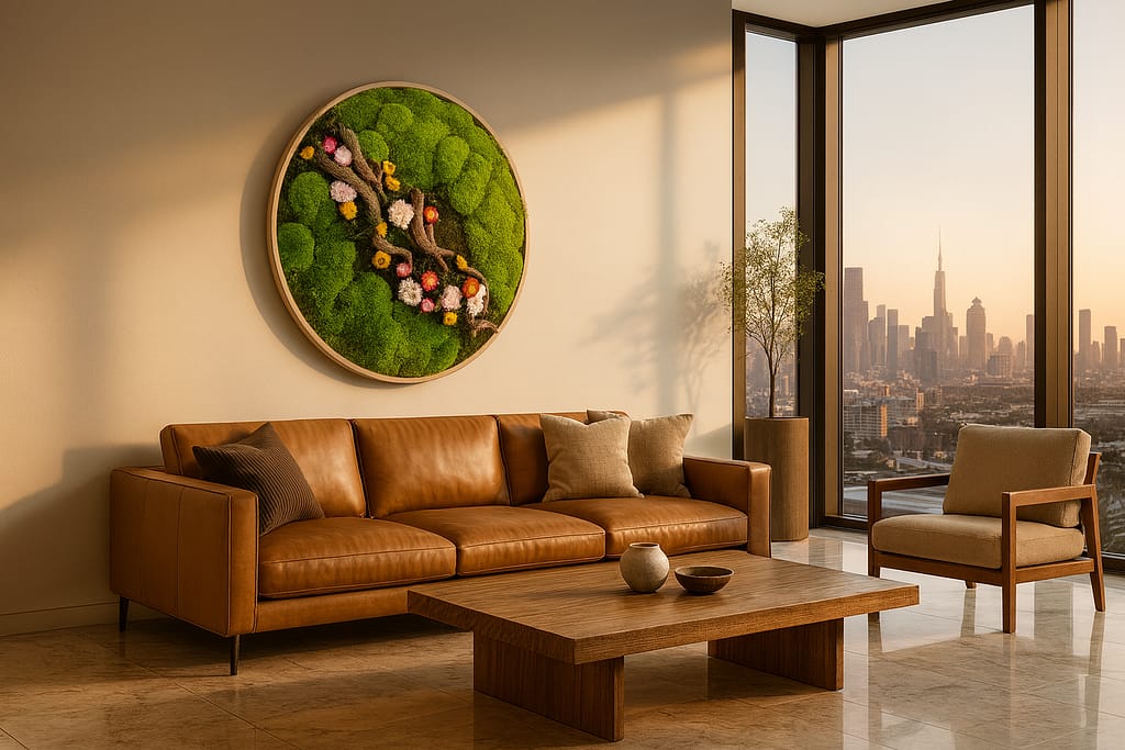 Nityavan circular moss frame as centerpiece in modern living room.
