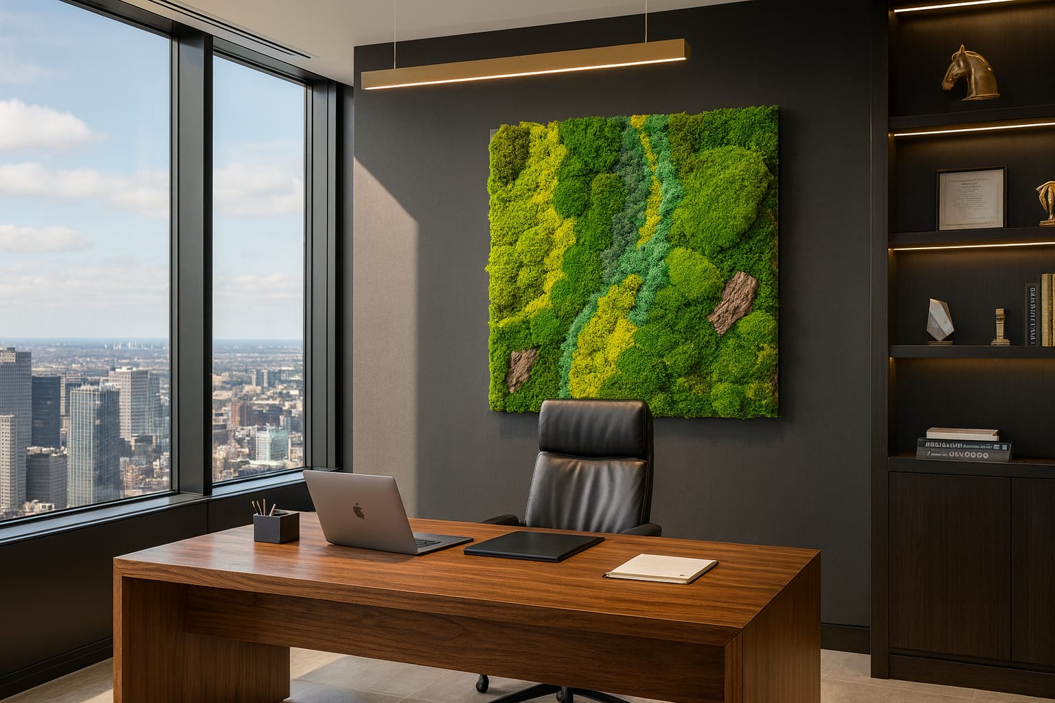 Preserved moss artwork styled in office for biophilic design.