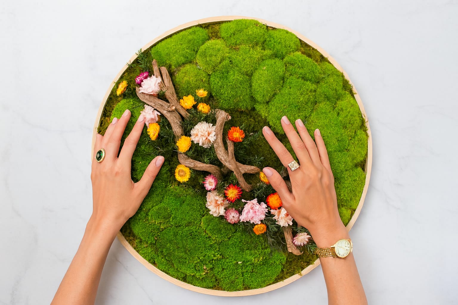 Comparison of preserved moss artwork vs living wall.