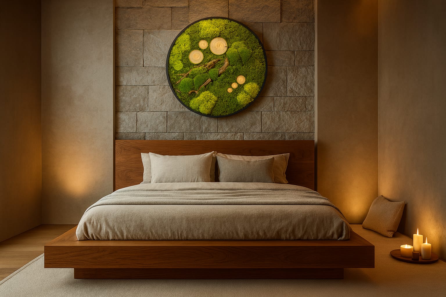 Moss artwork styled in home entryway to enhance biophilic interiors.