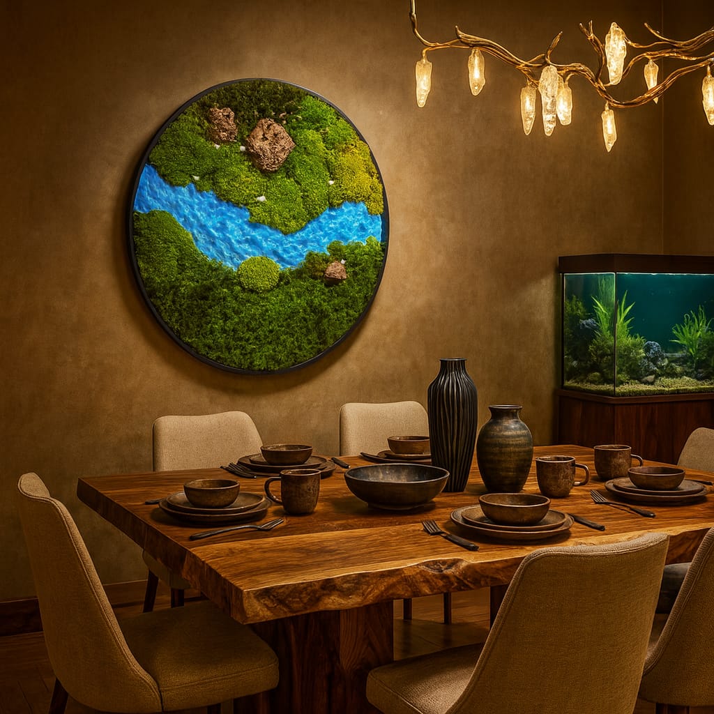 Preserved moss artwork styled in luxury dining space.